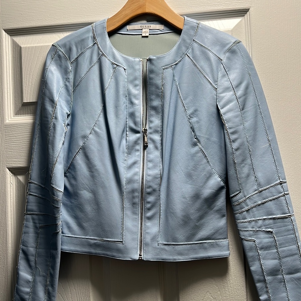 Guess baby blue leather jacket size small